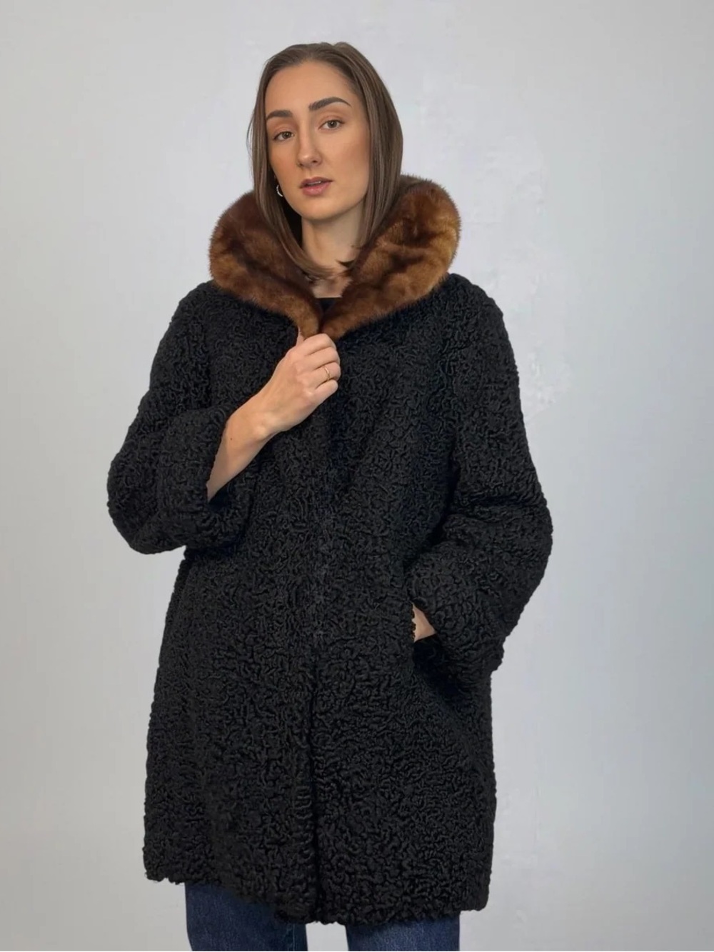 Black Vintage Persian Lamb Fur Coat with Brown Fur Trim